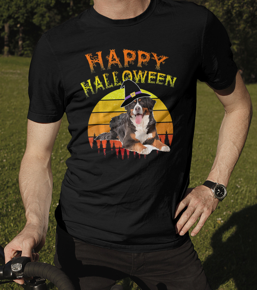 Happy Halloween Bernese Mountain Dog Lover Witch Hat Sunset T-Shirt