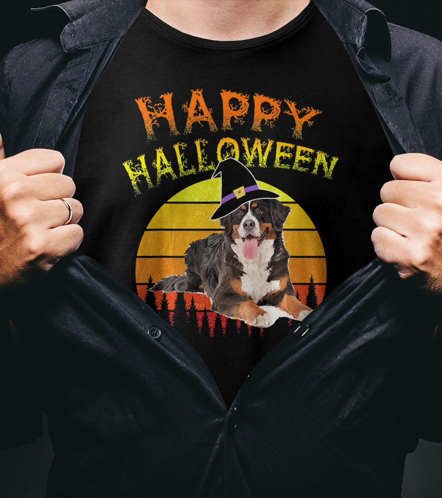 Happy Halloween Bernese Mountain Dog Lover Witch Hat Sunset T-Shirt