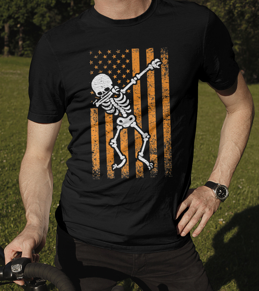 Halloween Dabbing Skeleton American Flag Retro Style Icons T-Shirt