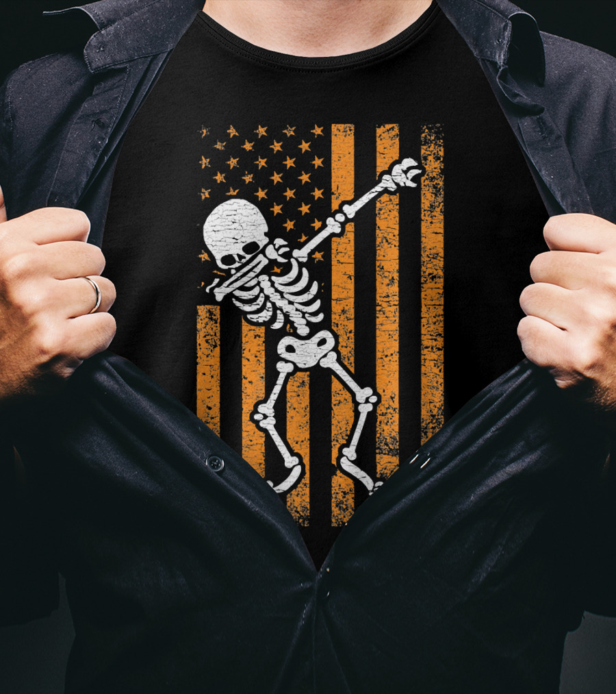 Halloween Dabbing Skeleton American Flag Retro Style Icons T-Shirt