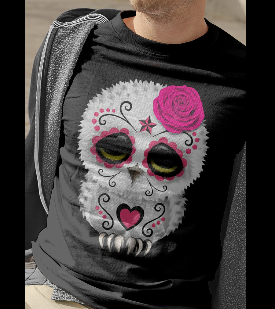 Owl Sugar Skull With Pink Rose And Heart Motif T-Shirt