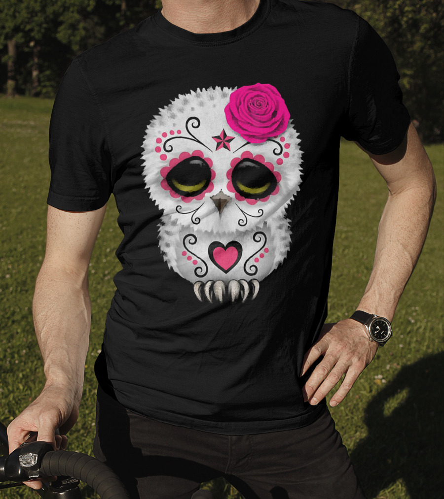 Owl Sugar Skull With Pink Rose And Heart Motif T-Shirt