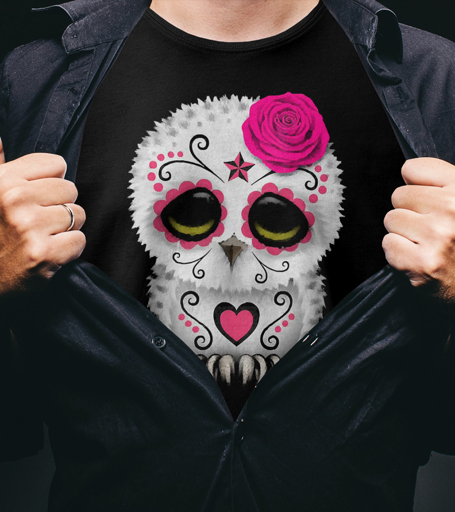 Owl Sugar Skull With Pink Rose And Heart Motif T-Shirt