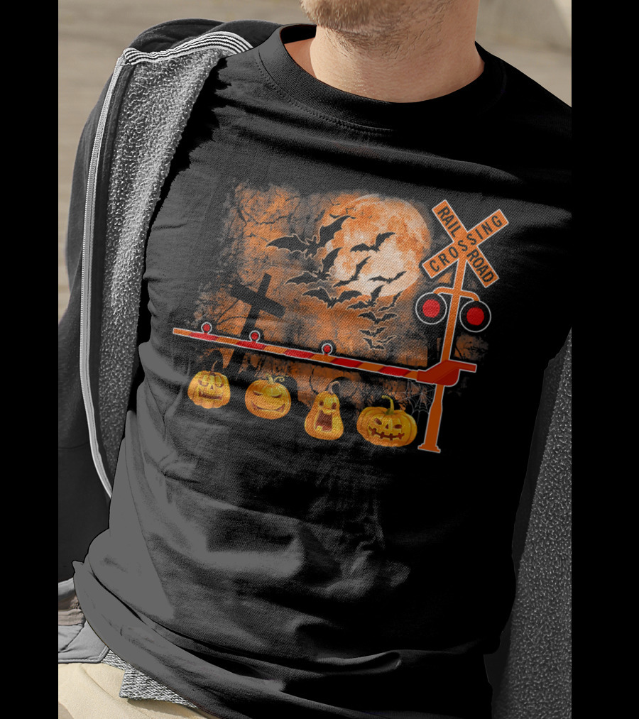 Halloween Railroad Crossing Sign With Pumpkins And Bats T-Shirt