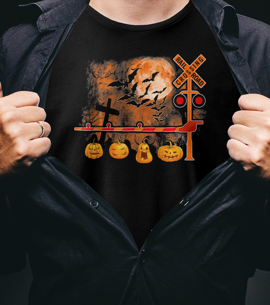 Halloween Railroad Crossing Sign With Pumpkins And Bats T-Shirt