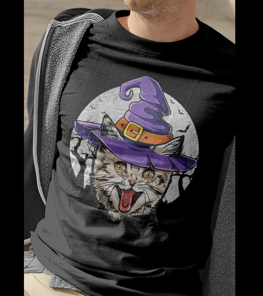 Funny Halloween Witch Cat With Purple Hat And Moon Background T-Shirt