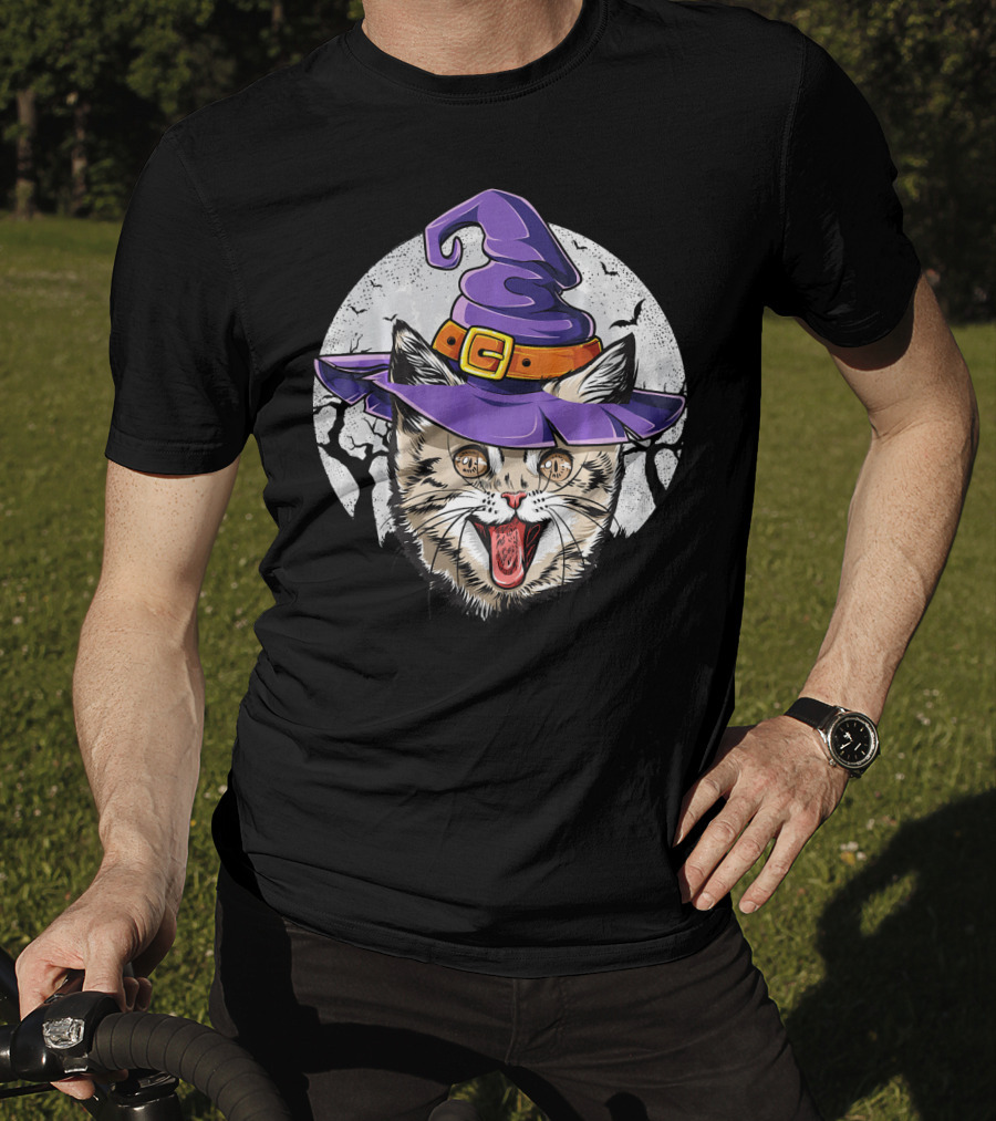 Funny Halloween Witch Cat With Purple Hat And Moon Background T-Shirt