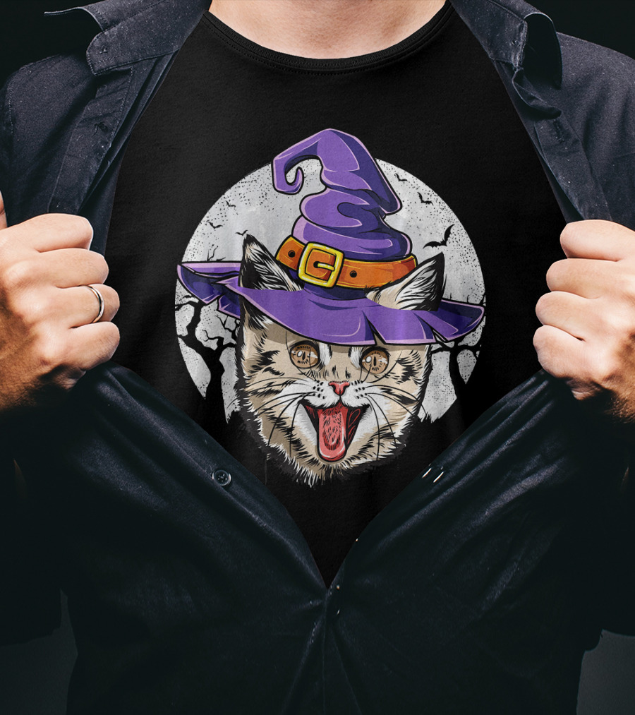 Funny Halloween Witch Cat With Purple Hat And Moon Background T-Shirt