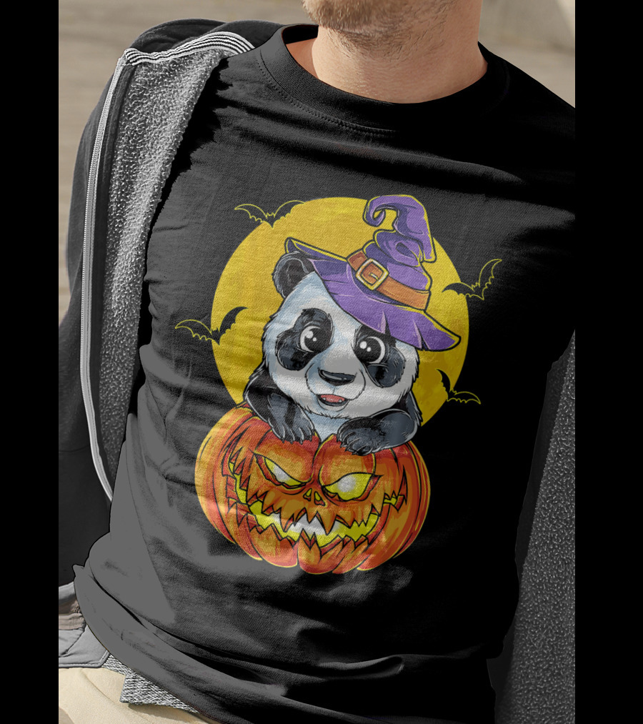 Panda Witch Halloween Pumpkin Moon Bats T-Shirt