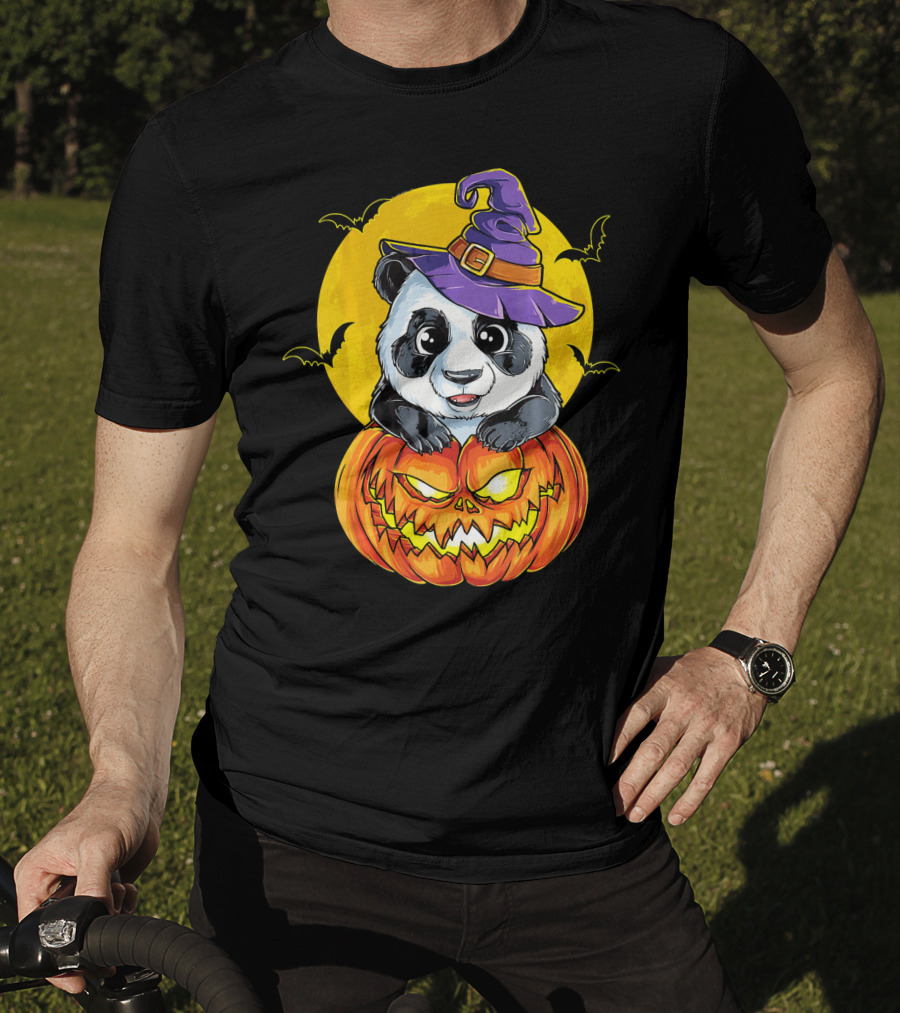 Panda Witch Halloween Pumpkin Moon Bats T-Shirt