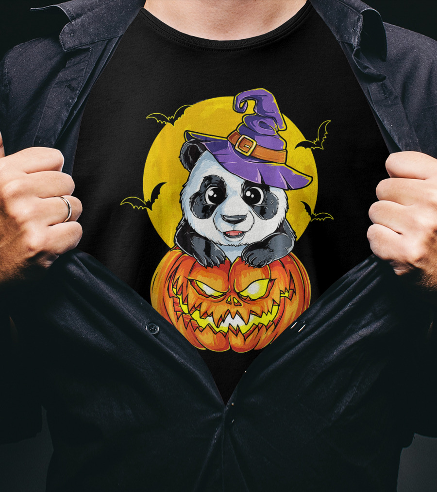 Panda Witch Halloween Pumpkin Moon Bats T-Shirt