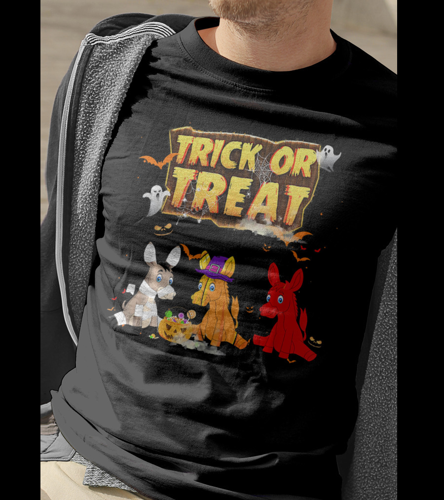 Trick Or Treat Three Donkeys Halloween Candy Pumpkins Ghosts T-Shirt