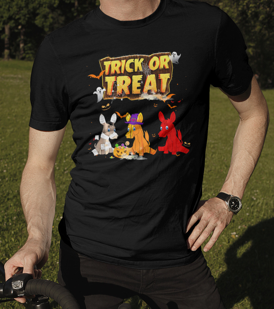 Trick Or Treat Three Donkeys Halloween Candy Pumpkins Ghosts T-Shirt