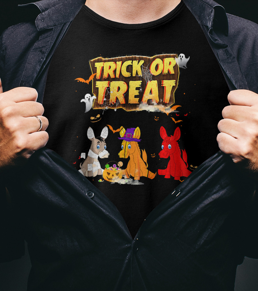 Trick Or Treat Three Donkeys Halloween Candy Pumpkins Ghosts T-Shirt