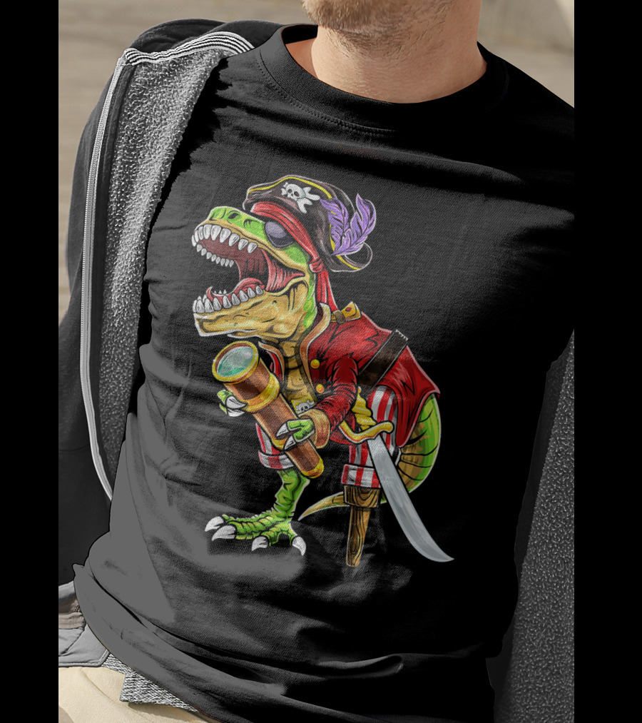 Pirate Dinosaur With Telescope And Peg Leg In Halloween Costume T-Shirt