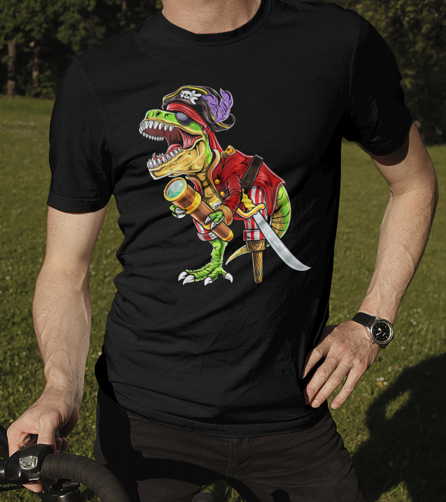 Pirate Dinosaur With Telescope And Peg Leg In Halloween Costume T-Shirt
