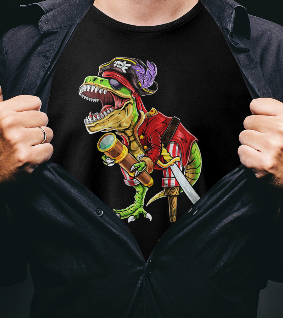 Pirate Dinosaur With Telescope And Peg Leg In Halloween Costume T-Shirt