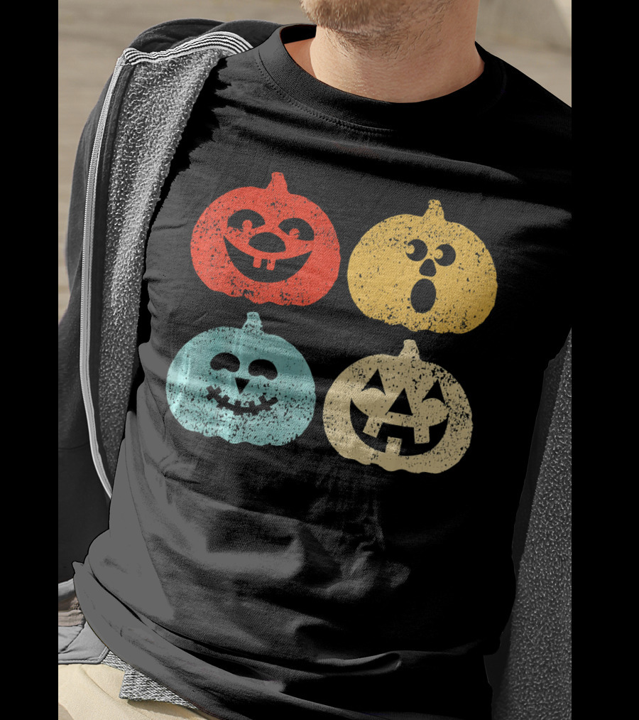 Vintage Halloween Pumpkin Women Retro Colorful Jack-O'-Lantern Faces T-Shirt