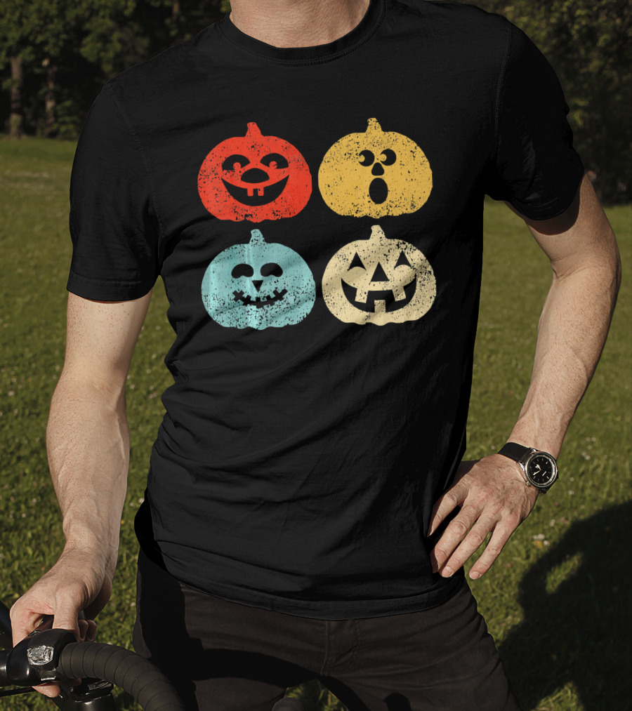 Vintage Halloween Pumpkin Women Retro Colorful Jack-O'-Lantern Faces T-Shirt