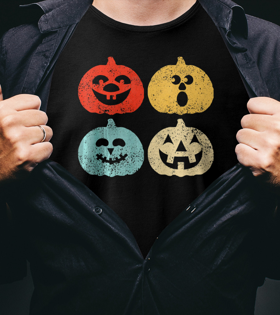 Vintage Halloween Pumpkin Women Retro Colorful Jack-O'-Lantern Faces T-Shirt