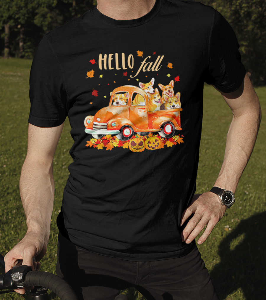 Hello Fall Corgis In Pumpkin Truck With Autumn Leaves And Jack-O'-Lanterns T-Shirt