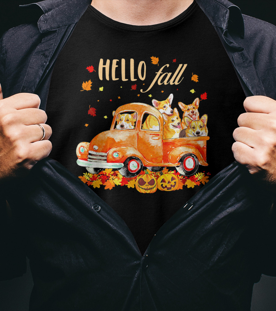 Hello Fall Corgis In Pumpkin Truck With Autumn Leaves And Jack-O'-Lanterns T-Shirt