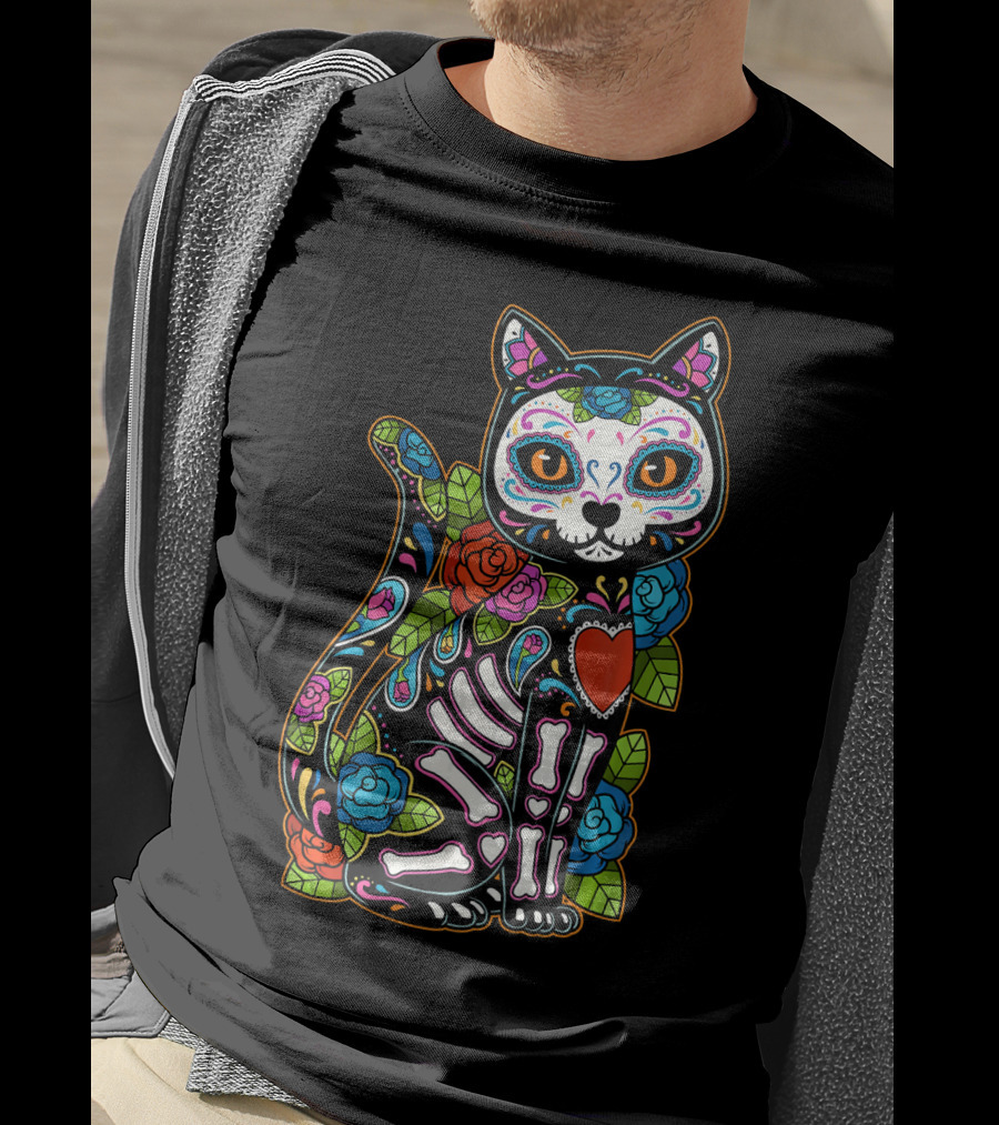 Cat Sugar Skull Calavera Mexico Dia De T-Shirt