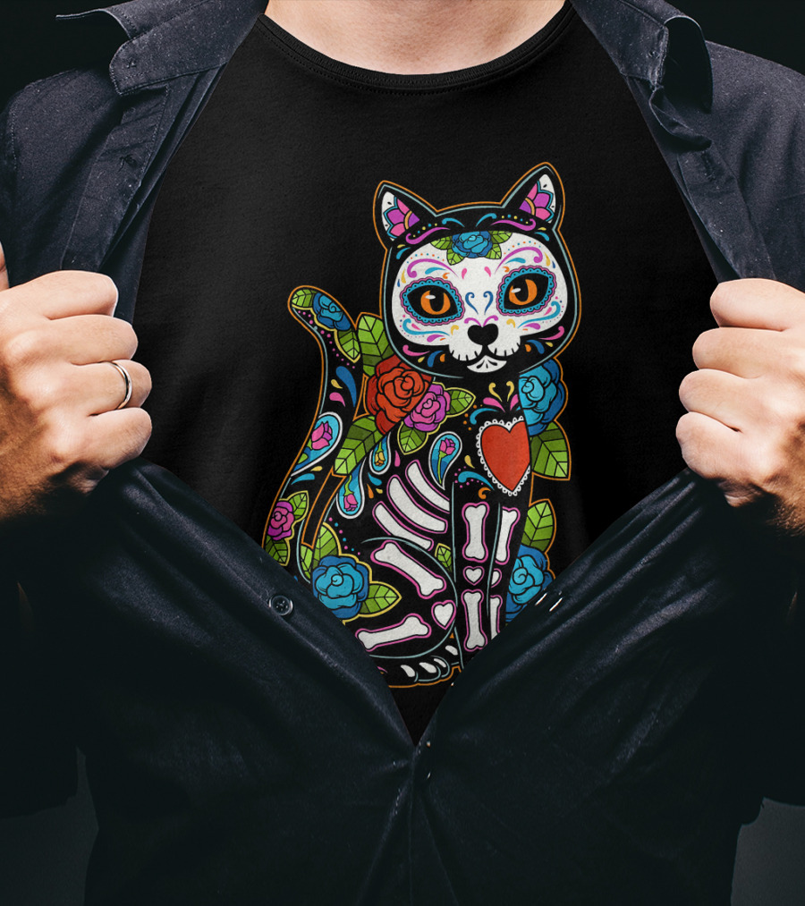 Cat Sugar Skull Calavera Mexico Dia De T-Shirt