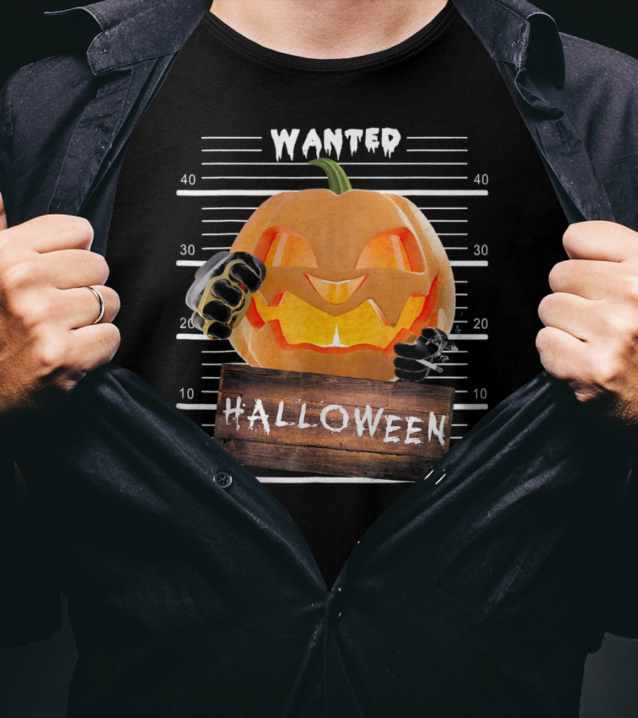 Wanted Halloween Pumpkin Mugshot Funny T-Shirt