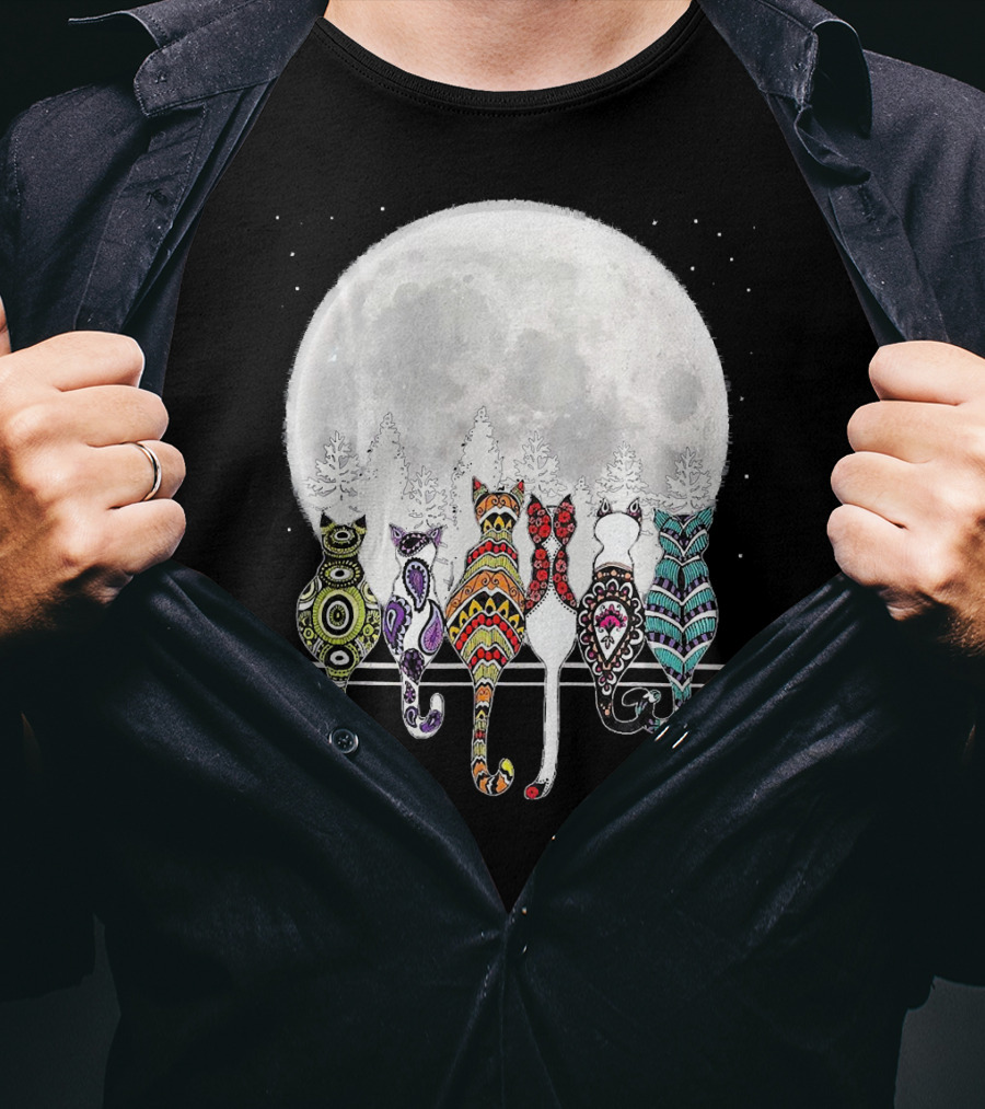 Day Of Dead Sugar Skull Cat Cats Skele Full Moon Forest T-Shirt