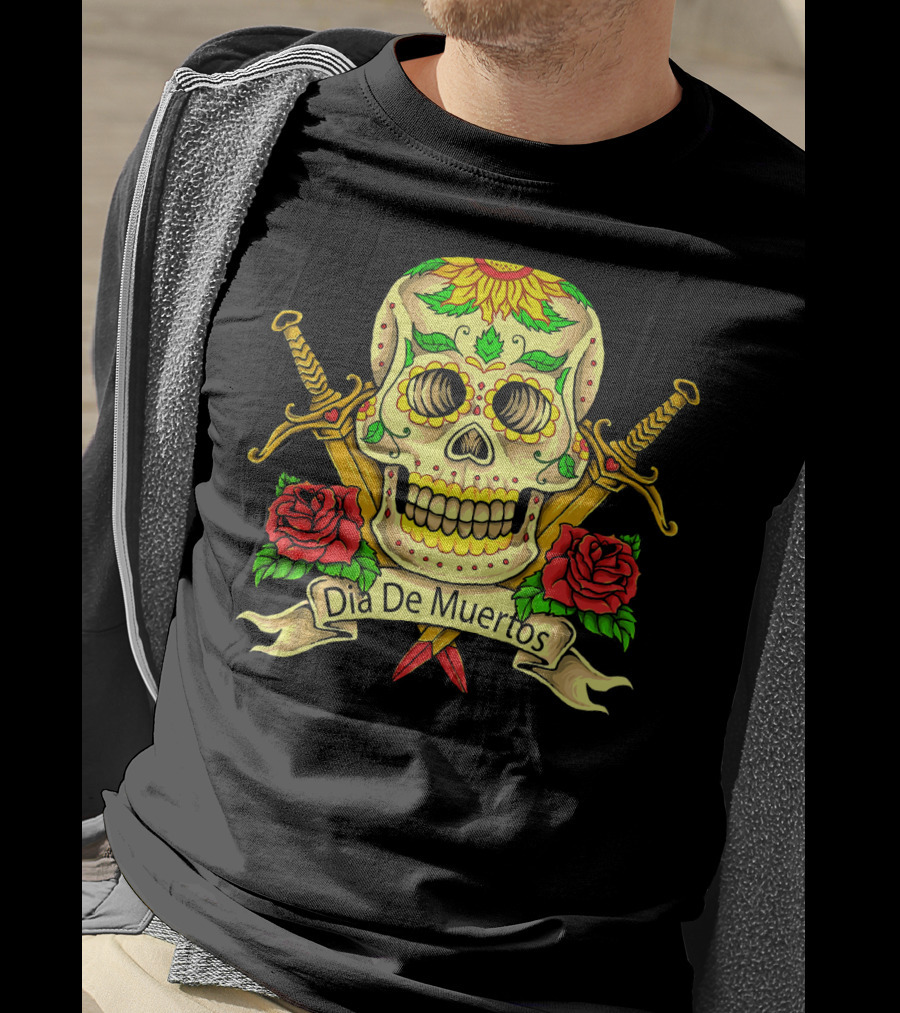 Dia De Muertos Skull With Roses And Swords Celebrating Day Of The Dead T-Shirt