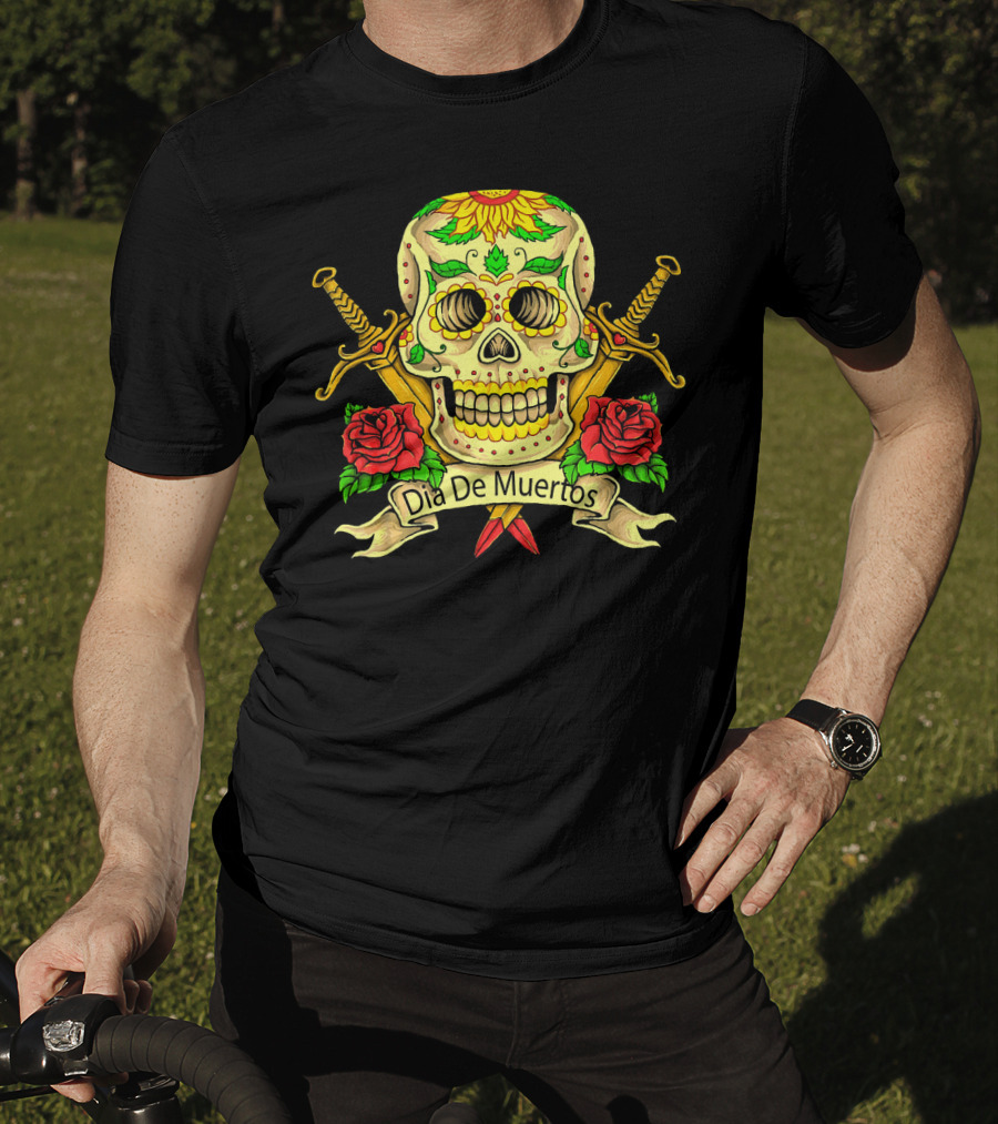 Dia De Muertos Skull With Roses And Swords Celebrating Day Of The Dead T-Shirt