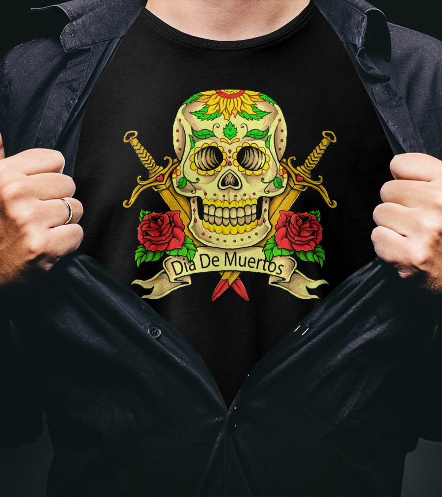 Dia De Muertos Skull With Roses And Swords Celebrating Day Of The Dead T-Shirt