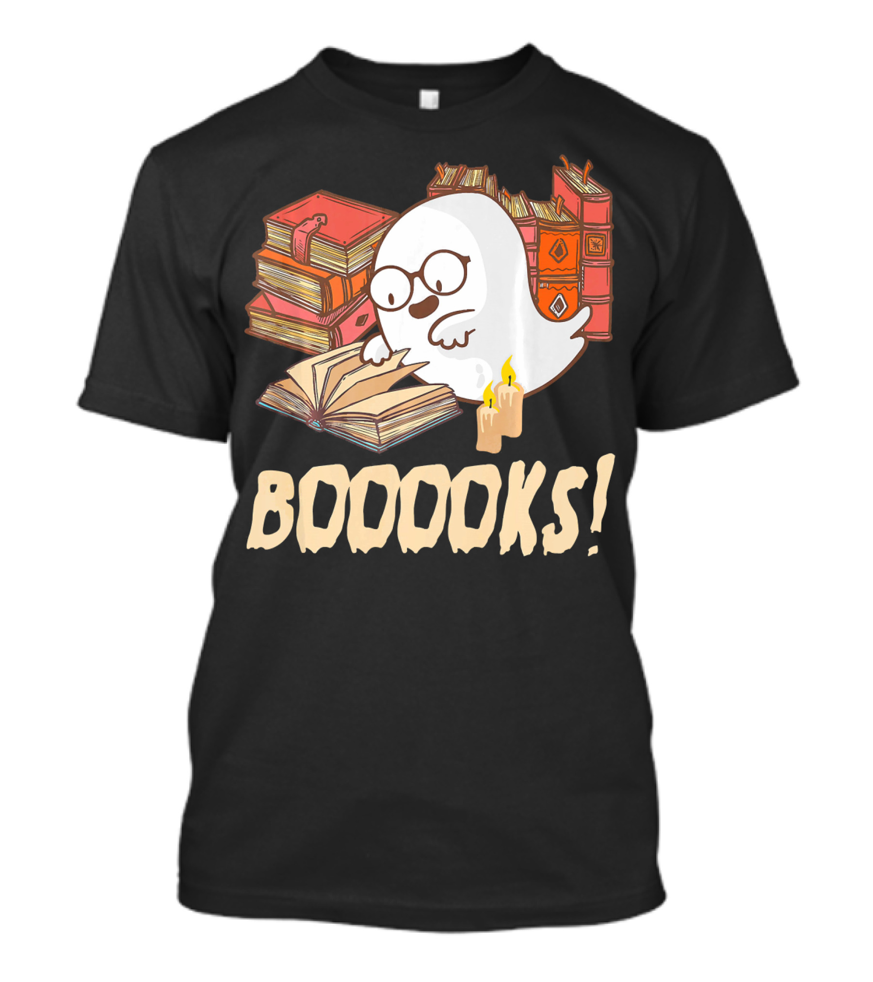BOOOOKS Cute Reading Boo Ghost With Stacks Of Books And Candles T-Shirt