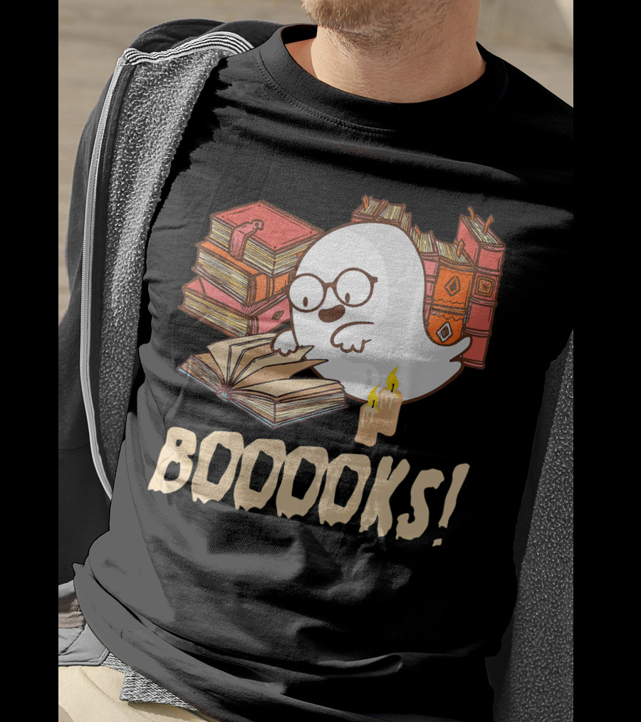 BOOOOKS Cute Reading Boo Ghost With Stacks Of Books And Candles T-Shirt