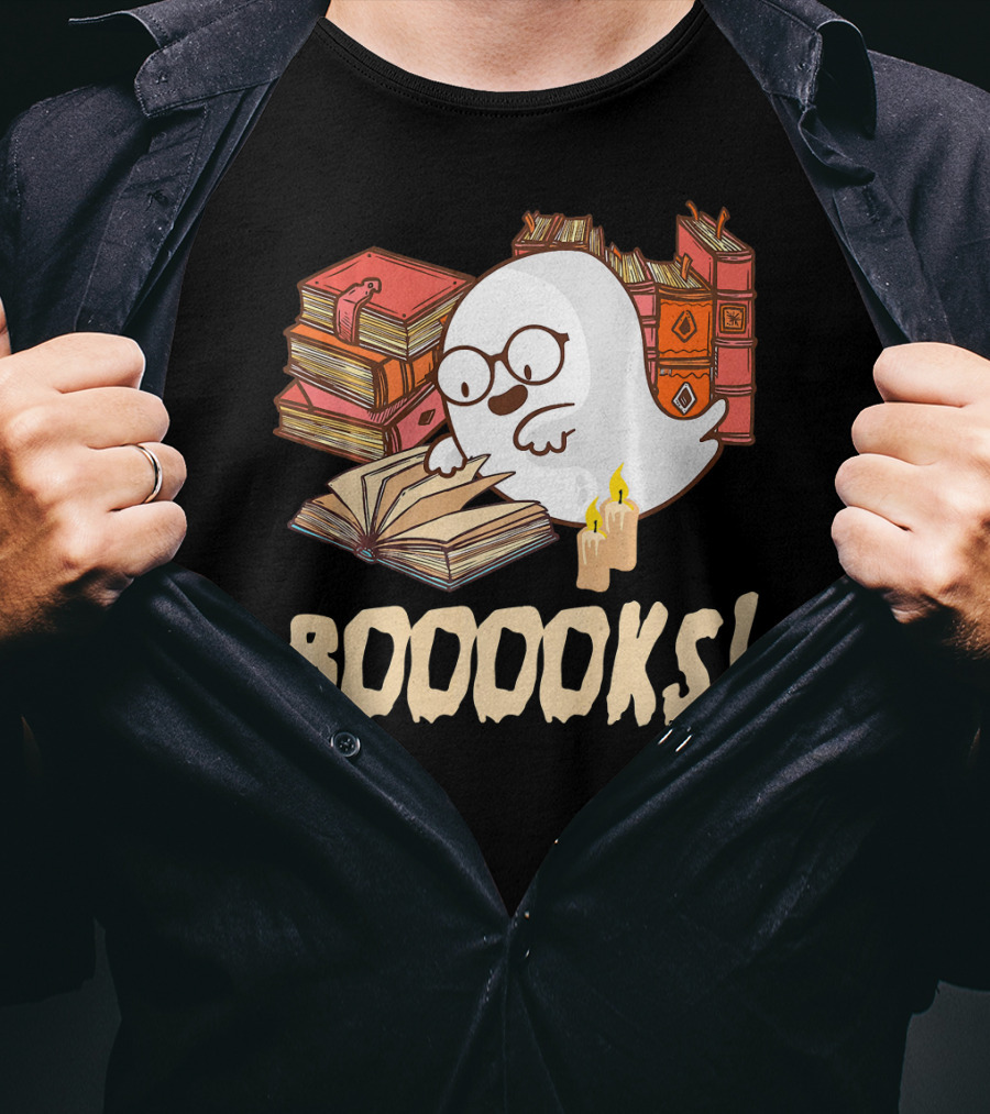 BOOOOKS Cute Reading Boo Ghost With Stacks Of Books And Candles T-Shirt