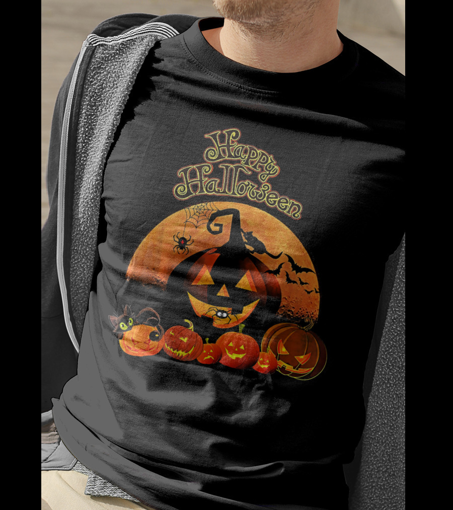 Happy Halloween Pumpkin Black Cat Witch Spider Bats T-Shirt