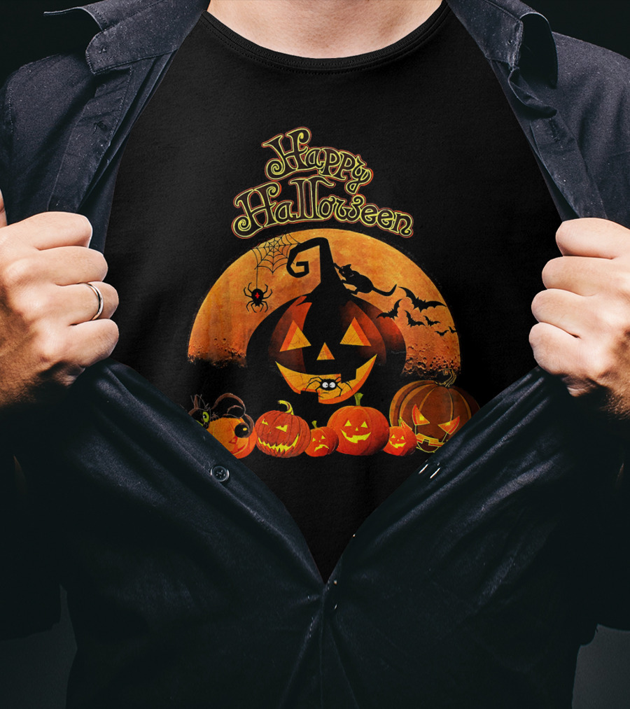 Happy Halloween Pumpkin Black Cat Witch Spider Bats T-Shirt