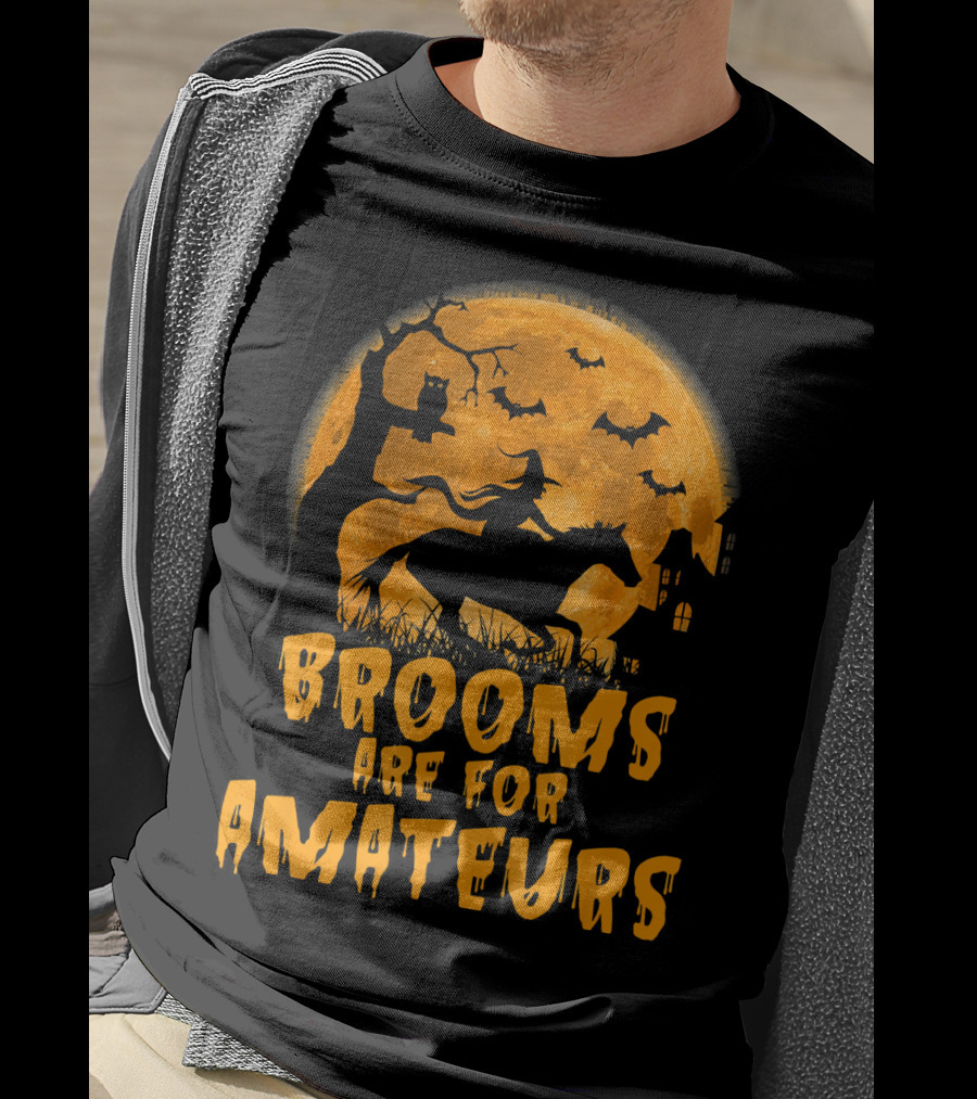 Brooms Are For Amateurs Witch Riding Horse Halloween Moon Bats T-Shirt