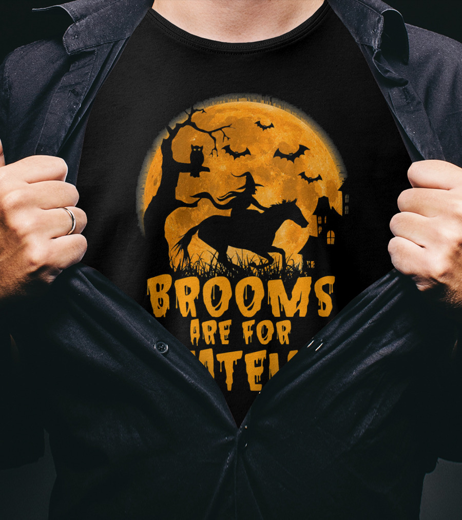 Brooms Are For Amateurs Witch Riding Horse Halloween Moon Bats T-Shirt