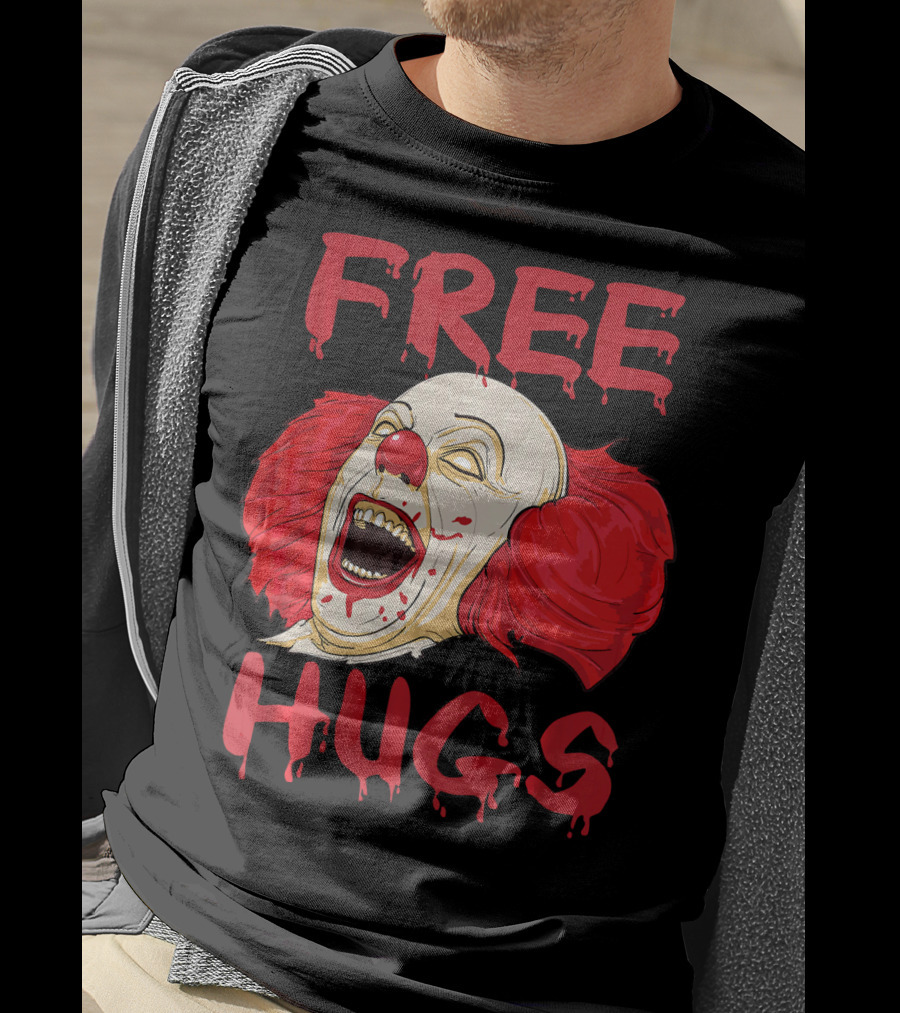 Free Hugs Evil Killer Scary Clown Costume Blood Red Horror T-Shirt