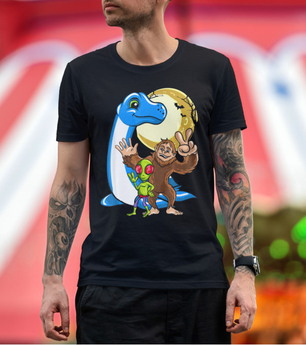 Premium T-Shirt: Bigfoot Sasquatch Loch Ness Monster Ness Alien Moon Scene T-Shirt Bigfoot Sasquatch Loch Ness Monster Ness Alien Moon Scene T-Shirt