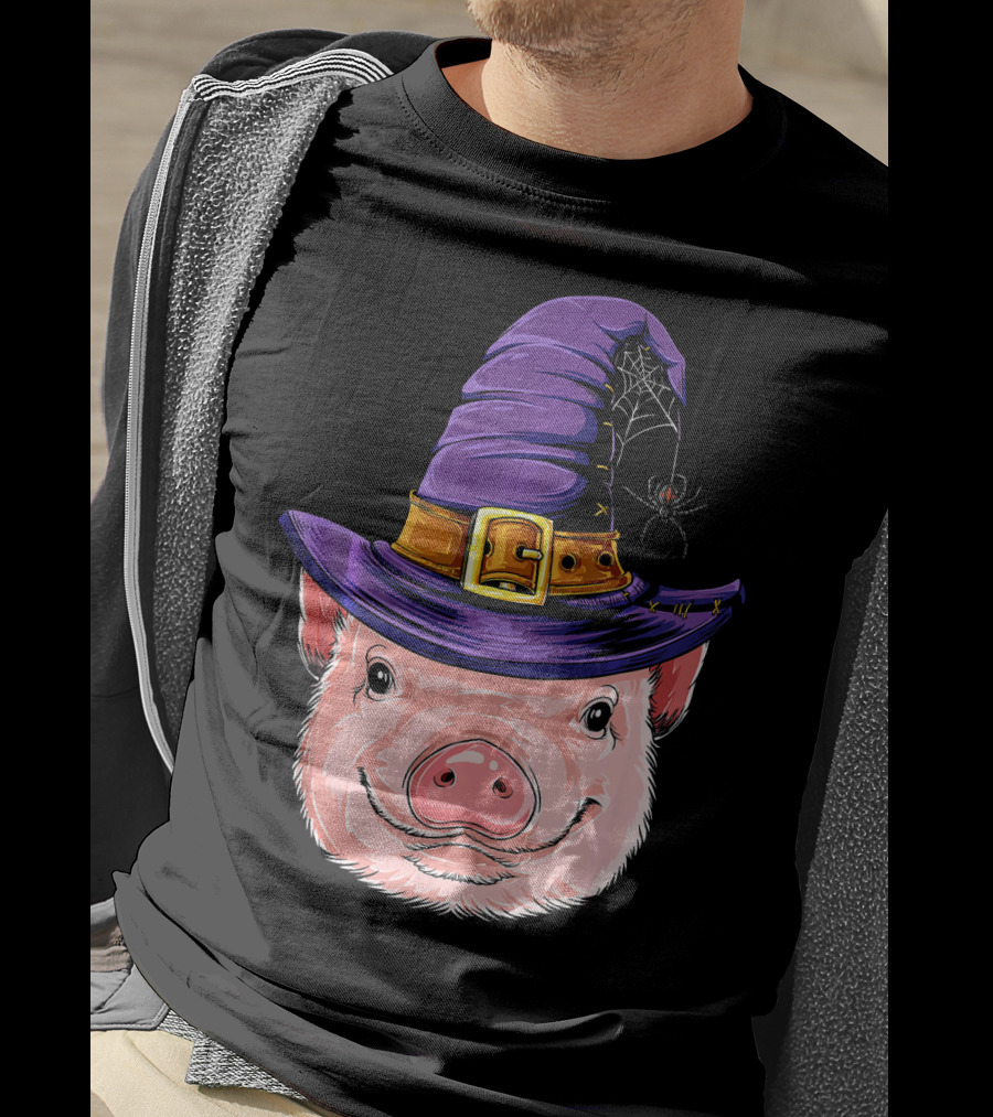 Pig In Witch Hat With Spider And Web Halloween T-Shirt