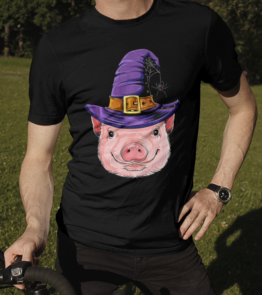 Pig In Witch Hat With Spider And Web Halloween T-Shirt