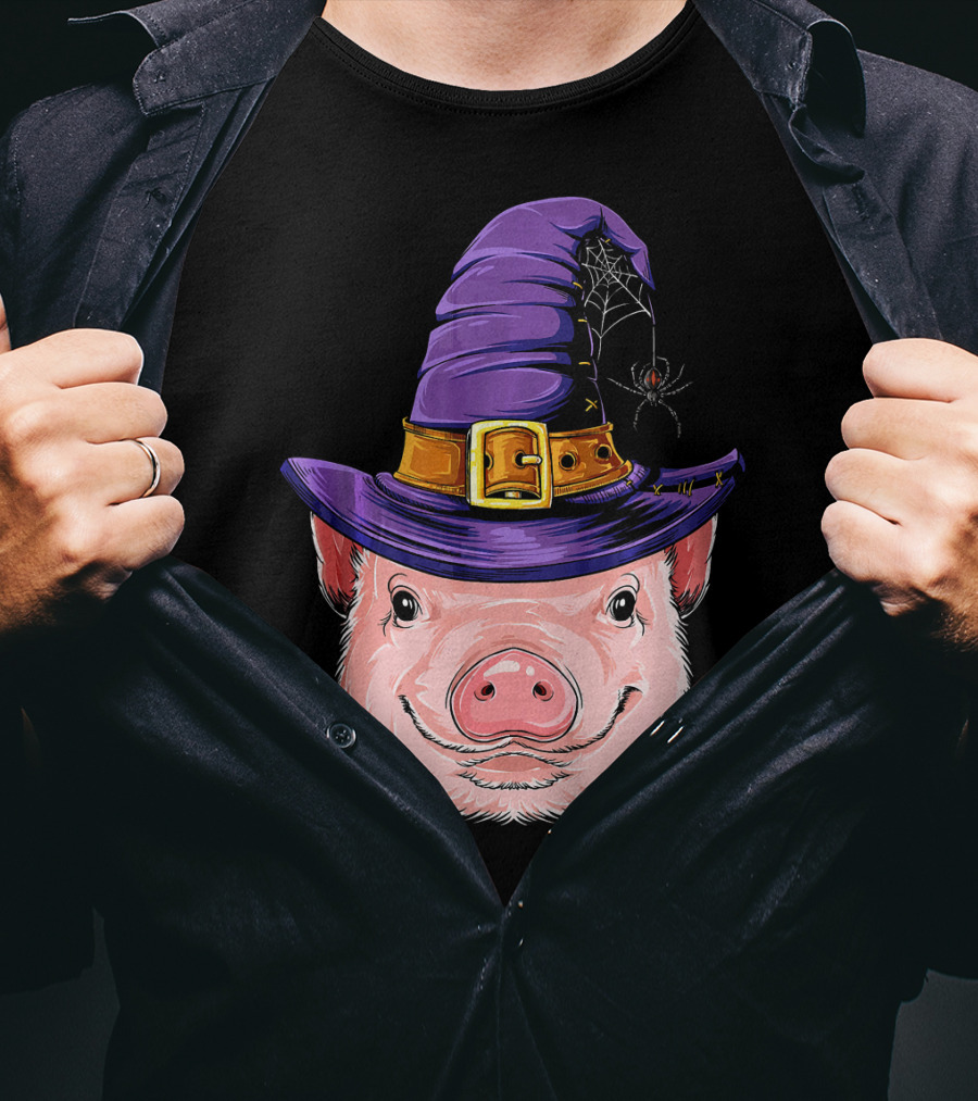 Pig In Witch Hat With Spider And Web Halloween T-Shirt