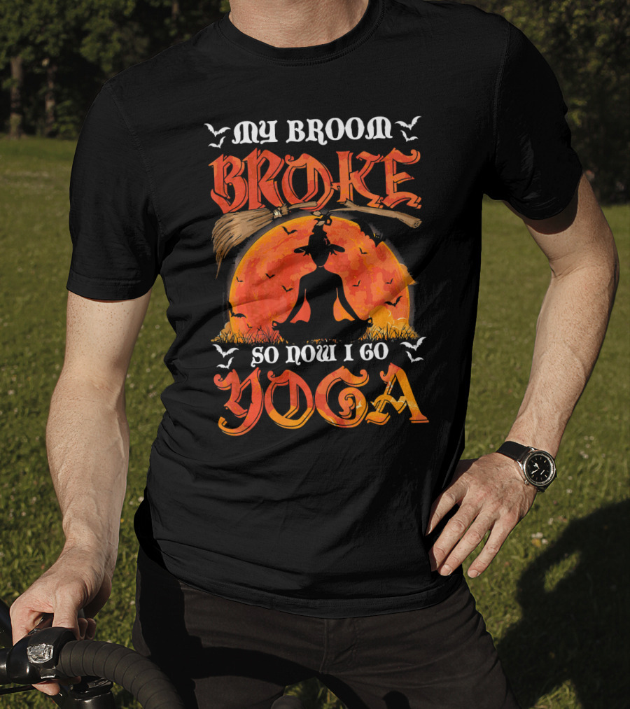 My Broom Broke So Now I Go Yoga Halloween Moon Meditation Bats T-Shirt