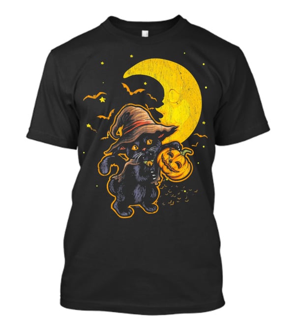Halloween Black Cat Witch With Pumpkin Under Moon And Bats T-Shirt