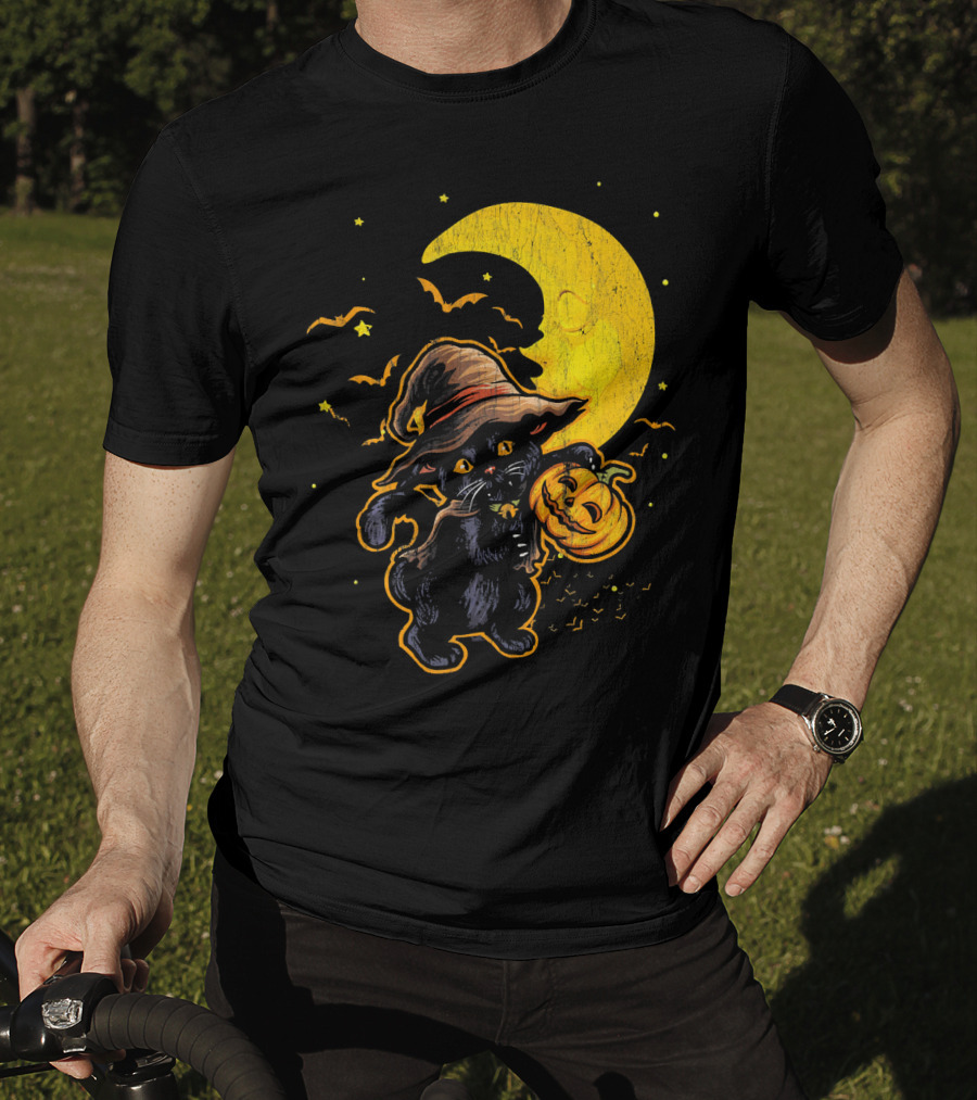 Halloween Black Cat Witch With Pumpkin Under Moon And Bats T-Shirt