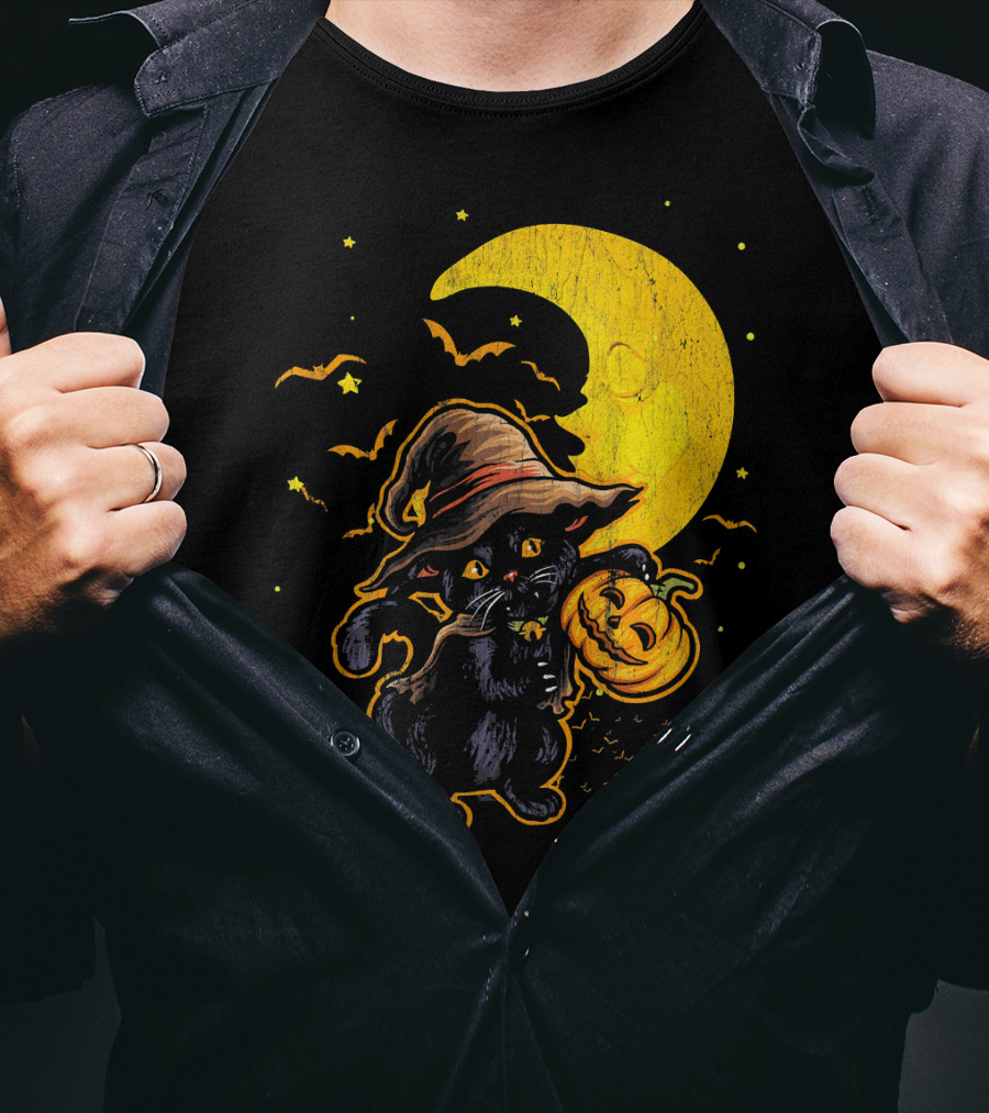 Halloween Black Cat Witch With Pumpkin Under Moon And Bats T-Shirt