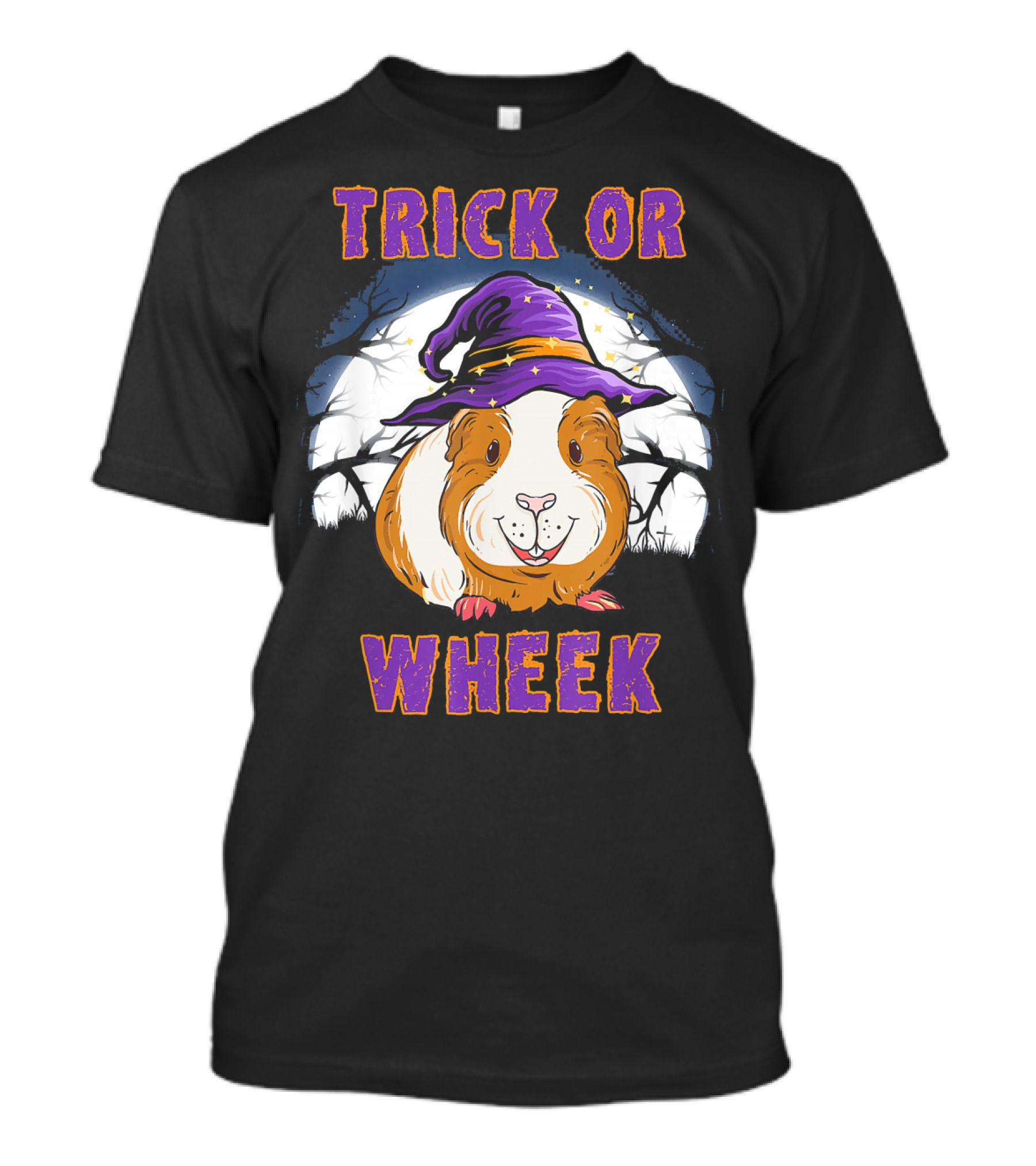 Trick Or Wheek Halloween Guinea Pig With Witch Hat And Moon Background T-Shirt